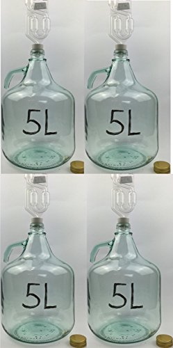 4 x SET 5L Flasche + Stopfen + Gärröhrchen Weinballon Gärballon Glasflasche Gärbehälter - 1