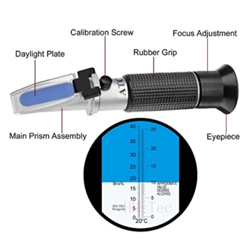 Refraktometer – HH-TEC – Alkohol:0-25% Zucker:0-40% mit ATC für Winzer